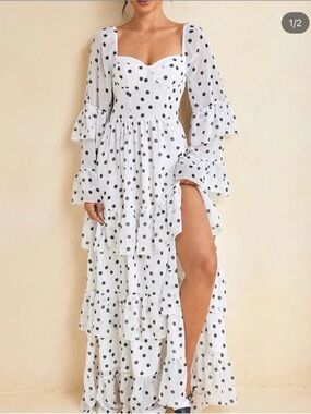 Polka Dot Corset Ruffle Long Sleeve Maxi Dress